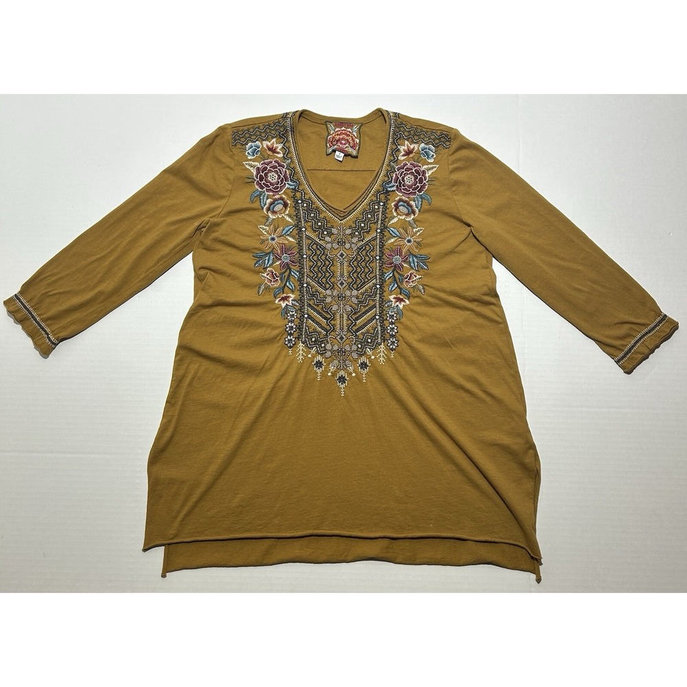 Johnny Was JWLA Shirt Womens Small Yellow Embroidered Floral Print Boho Top